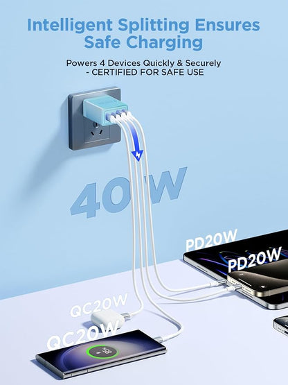 USB C Charger Block, 40W 4-Port Type C Fast Charging Cube Dual Charger Block PD Power Charger Adapter+QC 3.0 USB Multi Port Charging Brick for iPhone 16/15/14/13/12 Pro Max, iPad, Galaxy S24/23
