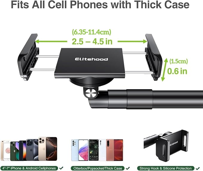 elitehood Heavy Duty Aluminum Overhead Phone Stand, 15 in Long Arm iPhone Holder for Video Recording, 360 Degrees Swivel Tilt Overhead Phone Mount for Filming, Meeting, Cooking, Painting and Crafting