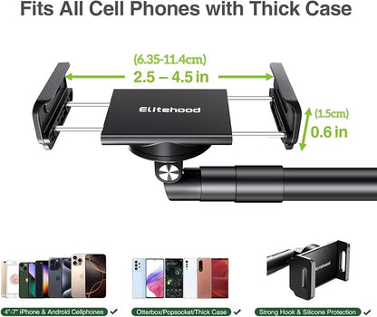 elitehood Heavy Duty Aluminum Overhead Phone Stand, 15 in Long Arm iPhone Holder for Video Recording, 360 Degrees Swivel Tilt Overhead Phone Mount for Filming, Meeting, Cooking, Painting and Crafting