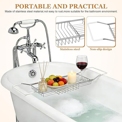 Cabilock Bathtub Tray - Stainless Steel Bathtub Caddy, Expandable Extra Wide Bath Tub Organizer, Rust-Resistant Over The Tub Shelf Rack with Non-Slip Grips for Phone Book Wine Glass, Silver