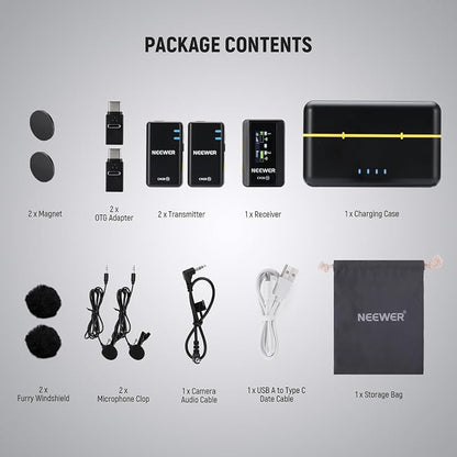 NEEWER CM28 Wireless Lavalier Microphone System with Charging Case, 2 Mic Clips, 1 Click Noise Canceling, 4GB Storage, 9H Playtime, Lavalier Lapel Mic Compatible with iPhone/Android/PC/Camera/iPad