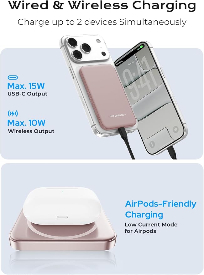 Magnetic Portable Charger, 5000mAh Ultra Slim Power Bank, 15W Fast Charging for Magsafe Battery Pack, Travel Essential Wireless Charger Compatible with iPhone 17/16/15 Series - Rose Gold