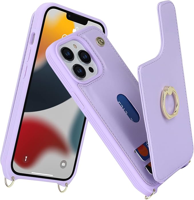 Lipvina for iPhone 12/12 Pro Case with Card Holder and Strap for Women,Crossbody Lanyard,RFID Blocking,Kickstand Ring Stand,Snap Clasp,Phone Wallet Cases 6.1 inch(Purple)