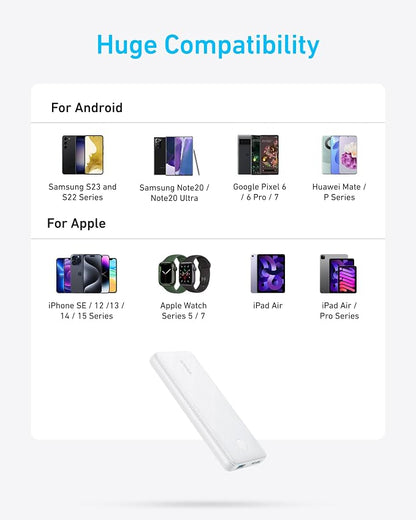 Anker Power Bank(PowerCore 10K), Compact Travel-Ready 10,000mAh Battery Pack with PowerIQ Charging Technology, 5V/3A High-Speed Charging for iPhone, iPad,and More (1, White)