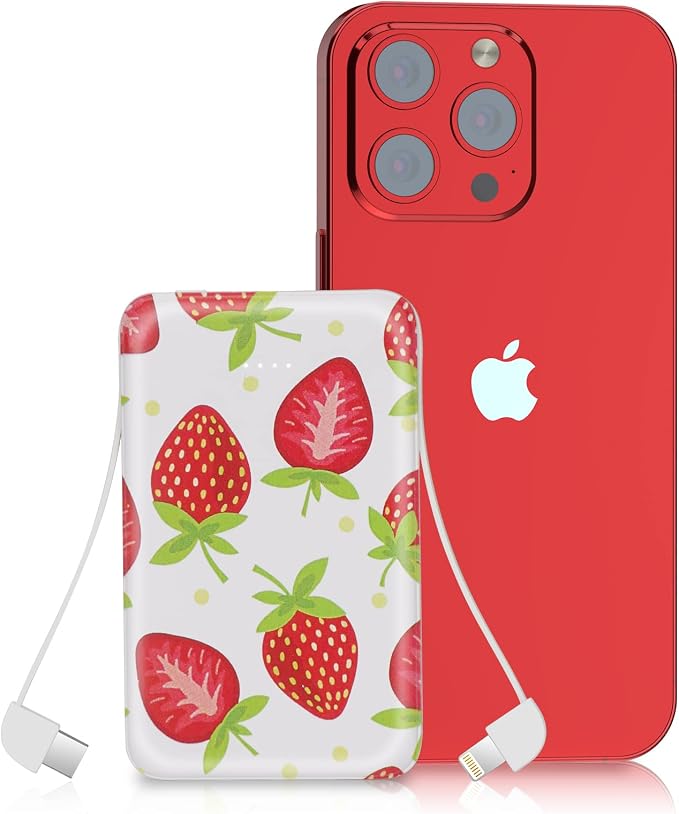 Sethruki Cute Portable Charger 5000mAh Ultra Slim USB C Power Bank for Girls Mini Fast Charging Small Battery Pack with Built in Cables for iPhone iPad Samsung Pixel Android Phones,Strawberry