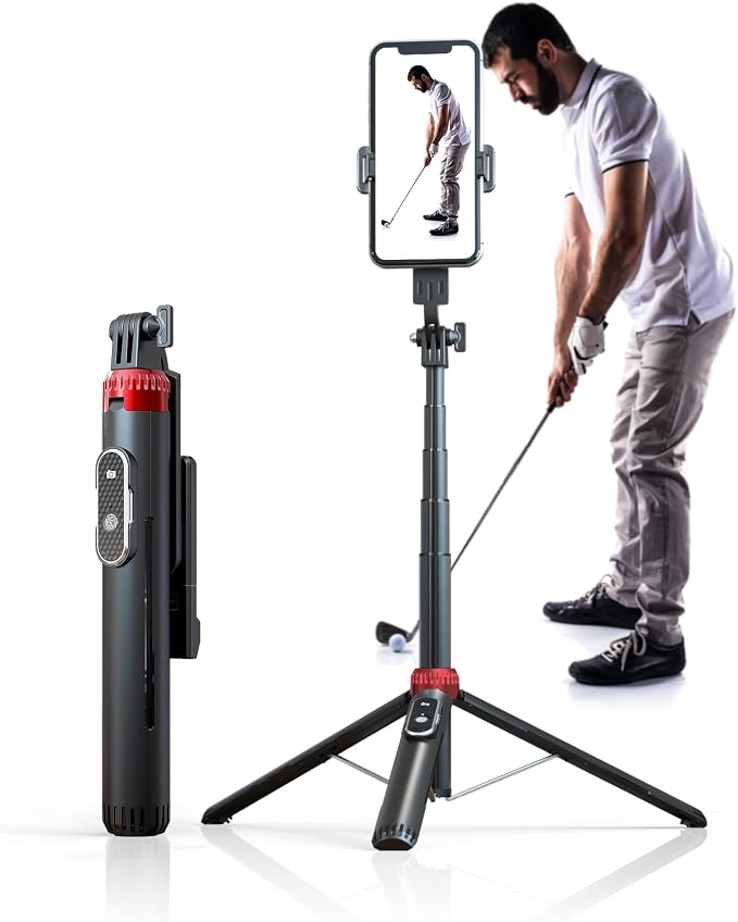 62" Phone Tripod & Selfie Stick for Golf Training, Extendable Cell Phone Tripod Stand with Wireless Remote and Phone Holder, Golf Training Aid - Compatible with iPhone Android iPhone