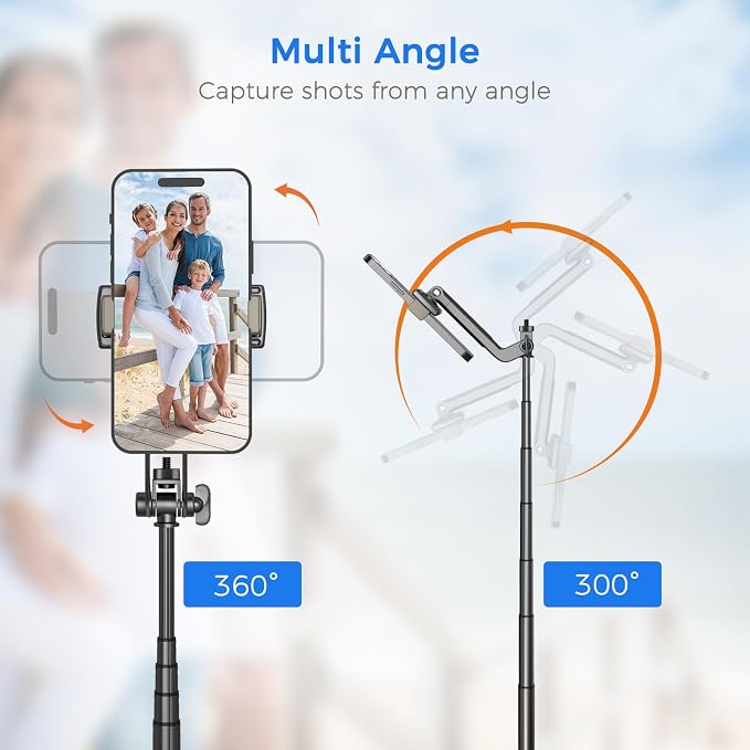 Selfie Stick Travel Tripod for Cell Phone with Remote Control and Phone Holder, Extendable Selfie Stick for iPhone, iPhone Tripod for Video Recording, 63 Inch, Black