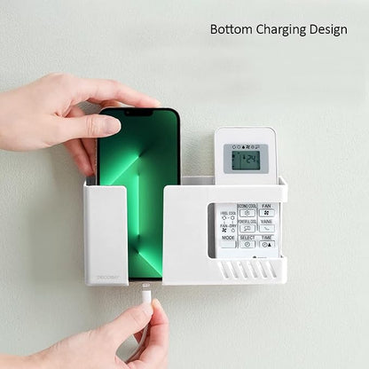 Strong Adhesive Wall Mount Phone Holder D3 Punch-Free Bedside Phone Shelf with Charging Port, Sticky Remote Control Storage Box, Bathroom & Kitchen Wall Organizer (White)