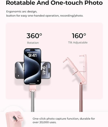 Selfie Stick for iPhone, Extended Portable Selfie Stick, Wireless Remote, Adujustable, Compact Phone Holder for Photograph, Video Recording, Streaming (Pink)