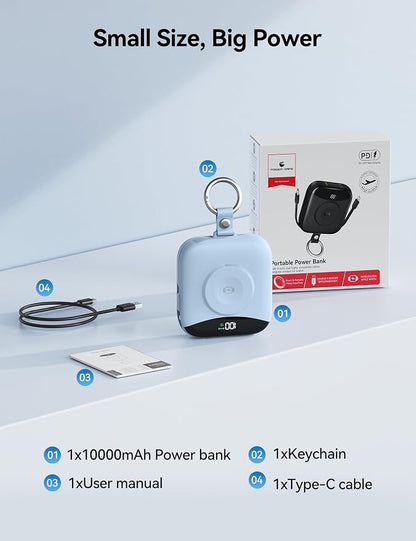 Portable Charger Power Bank, 10000mAh Fast Charging Power Bank with Built-in Cables, Travel Keychain Battery Pack with LED Display for iPhone Samsung Android iPad iWatch Charger 11/10/9/8/Ultra,Blue
