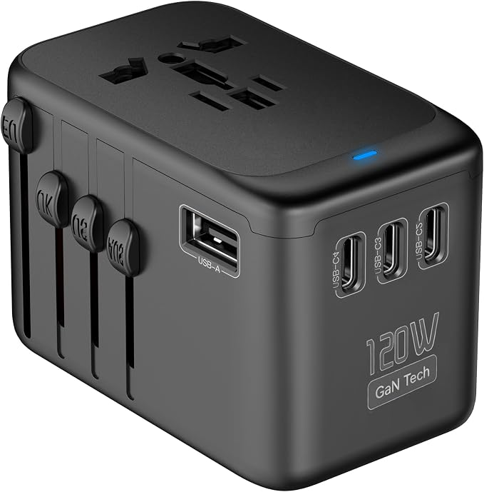JMFONE Universal Travel Adapter GaN 120W, International Power Adapter with 4 USB-C & 1 USB-A & 2500W AC Outlet, Travel Charger for Europe UK US AU 200+ Countries, Fast Charging Laptops Tablets Phones