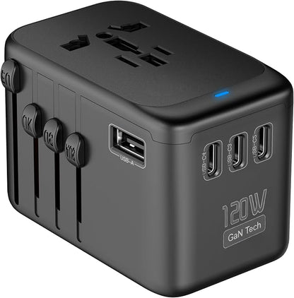 JMFONE Universal Travel Adapter GaN 120W, International Power Adapter with 4 USB-C & 1 USB-A & 2500W AC Outlet, Travel Charger for Europe UK US AU 200+ Countries, Fast Charging Laptops Tablets Phones