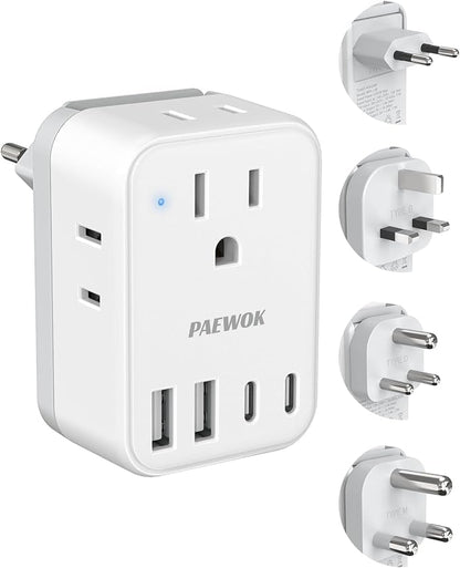 PAEWOK Travel Adapter Set, European Plug Adapter, Universal Travel Adapter | US to UK/EU/South Africa/India, Type G/C/M/D Detachable Plug, 4 AC Outlets 4 USB Ports (2 USB C)