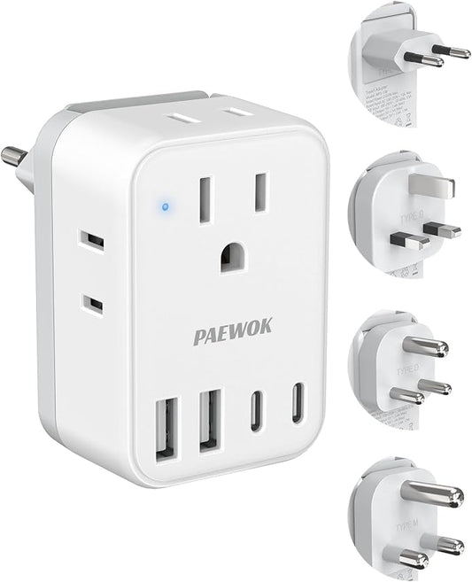 PAEWOK Travel Adapter Set, European Plug Adapter, Universal Travel Adapter | US to UK/EU/South Africa/India, Type G/C/M/D Detachable Plug, 4 AC Outlets 4 USB Ports (2 USB C)