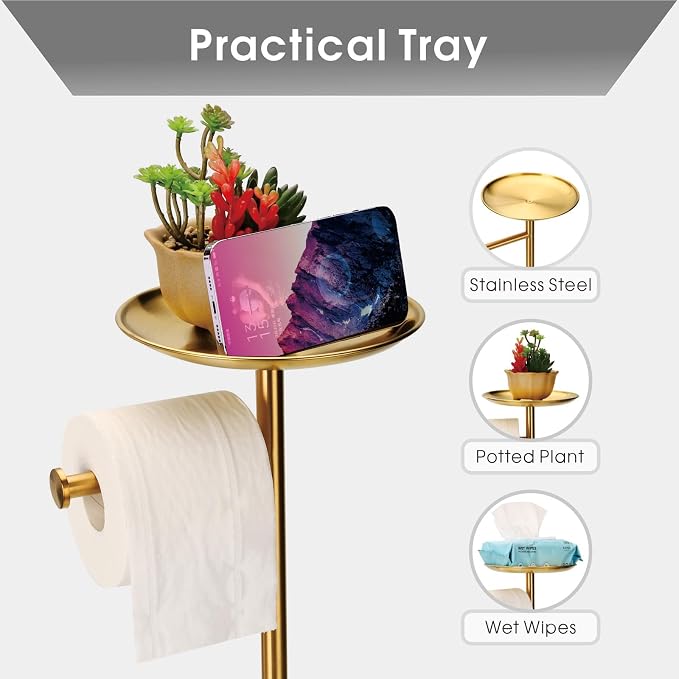 Standing Toilet Paper Holder Gold, TP Holder with 6.7" Phone Shelf, Holds 5 Rolls, Stainless Steel (Gold)