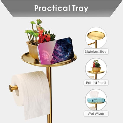 Standing Toilet Paper Holder Gold, TP Holder with 6.7" Phone Shelf, Holds 5 Rolls, Stainless Steel (Gold)