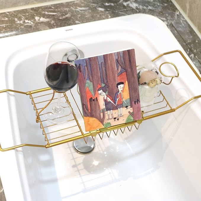 BDL Bathtub Caddy Expandable Bath Tub Tray Table with Wine Holder, Free Soap Dish and Laptop Reading Rack, Bathtub Tray for Home（Bronze）