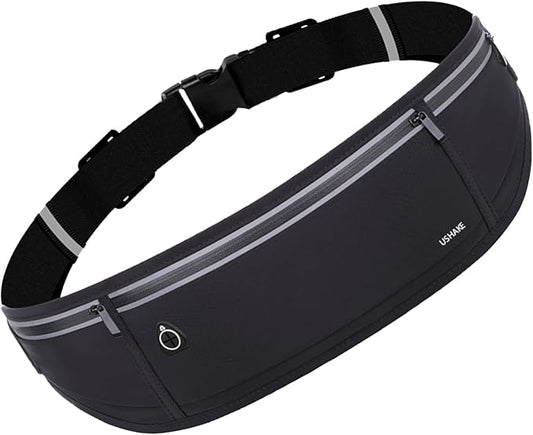 USHAKE Slim Running Belt, Workout Fanny Pack for Men Women,Exercise Waist Pack for Apple iPhone Holder, Runner Belt for Running Walking Cycling Camping Gym Black