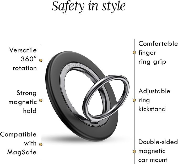 COCOMII Magnetic Phone Ring Holder for MagSafe, 360° Rotation Finger Grip Stand, Matte Black