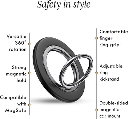 COCOMII Magnetic Phone Ring Holder for MagSafe, 360° Rotation Finger Grip Stand, Matte Black