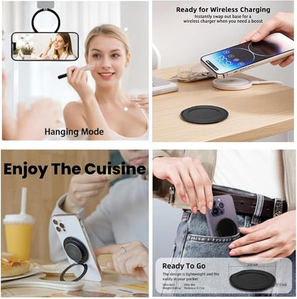 Ganinno R Stand Magnetic Ring Holder for iPhone 12 13 14 15 16 Pro max Series, Ultra-Thin Aluminum Compatible with MagSafe Cases, Removable Grip Base for PopSocket Stand (Matte Black)
