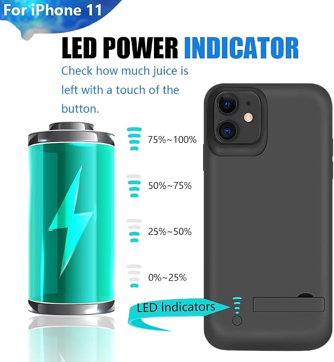 Battery Case for iPhone 11, 6000mAh Rechargeable Extended Battery Charging Charger Case, Add 120% Extra Juice, Support Wired Headphones Black