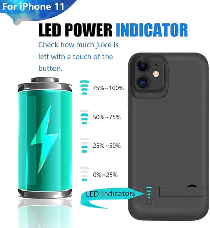 Battery Case for iPhone 11, 6000mAh Rechargeable Extended Battery Charging Charger Case, Add 120% Extra Juice, Support Wired Headphones Black