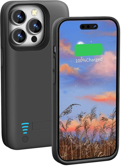 Battery Case for iPhone 15 Pro, 5000mAh Rechargeable Extended Battery Charging/Charger Case, Add 100% Extra Juice (6.1 inch) Black