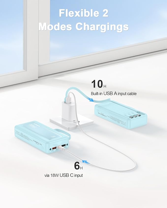 Portable Charger with Built-in Cables, 27000mAh Slim 30W Fast Charging Power Bank with LED Display, USB C Battery Pack 6 Outputs & 2 Inputs, Travel Essential Charger for iPhone, Samsung, Google etc