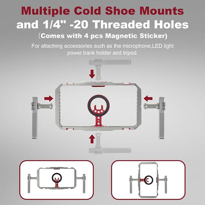 Magnetic Phone Cage with Handle,Smartphone Cage Kit with 360° Rotation Handgrip and Magnetic Sticker for Photography,Compatible with iPhone 17/16/15/14/13 Series and Andriod Phones (Silver+Red)
