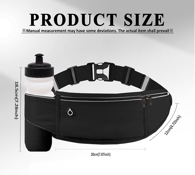 Running Belt with Water Bottle Holder,Large Fanny Pack for Men Women Girls Boys Kids Phone Pouch,Waist Bag Fit Hydration Hiking Runner Workout GYM Sport Travel Walking Slim Flat Bum Bag,Black