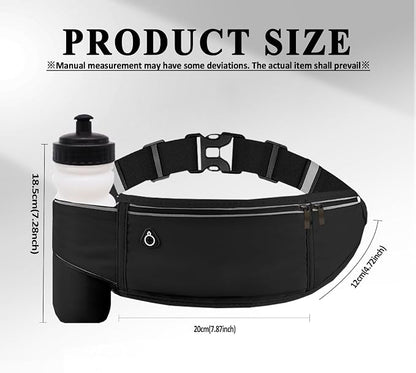 Running Belt with Water Bottle Holder,Large Fanny Pack for Men Women Girls Boys Kids Phone Pouch,Waist Bag Fit Hydration Hiking Runner Workout GYM Sport Travel Walking Slim Flat Bum Bag,Black