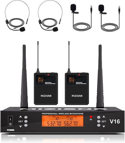 2 Channel Wireless Lapel Microphone, Set of 2 Headset & Lavalier Mics with 200 Adjustable Frequency UHF Metal Receiver, 300ft Range Microphone System for Church, Karaoke, Preaching, Wedding