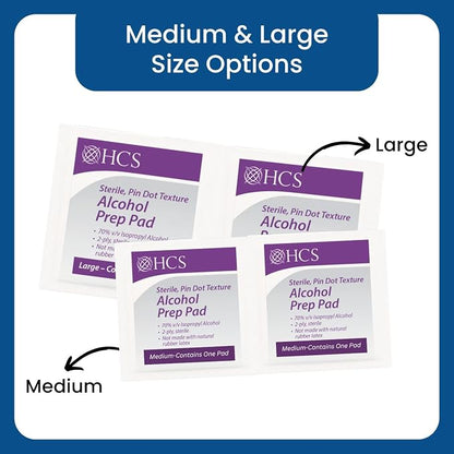 HCS Large Alcohol Prep Pads - Textured, 70% Isopropyl Alcohol Wipes, Individually Wrapped - 2 ply Sterile Skin Prep Swabs for Injections, First Aid (100/Box)