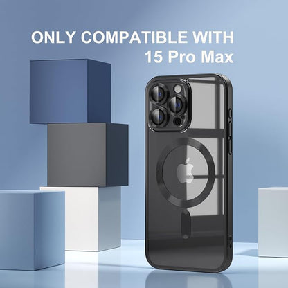 Misea Magnetic for iPhone 15 Pro Max Case [Never Yellowing] [Military Grade Drop Protection] Full Camera Lens Protector Soft Clear Phone Case for Women Girls, Titanium Black
