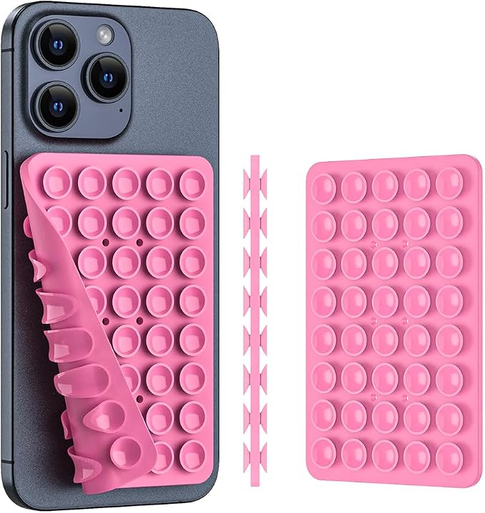 Double Sided Silicone Suction Phone Holder Mount, Silicon Accessory for iPhone and Android, Hands-Free Mirror Shower Phone Holder, TikTok Videos and Selfies (Pink+White)