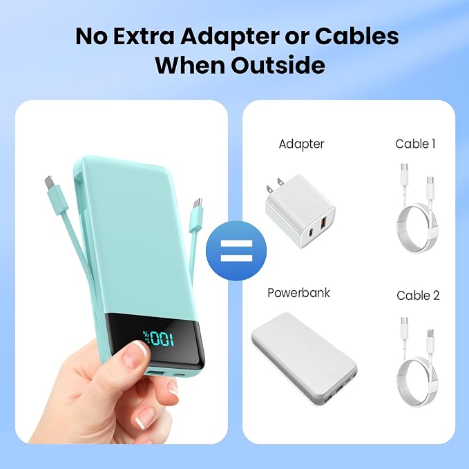 Portable Charger for iPhone,13800mAh Slim Power Bank with Built-in Cables & AC Wall Plug,All in One 4 Outputs USB C Fast Charging Battery Pack Travel Essential for iPhone 17/16/15/14,Android (Green)