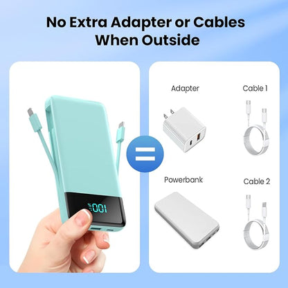 Portable Charger for iPhone,13800mAh Slim Power Bank with Built-in Cables & AC Wall Plug,All in One 4 Outputs USB C Fast Charging Battery Pack Travel Essential for iPhone 17/16/15/14,Android (Green)