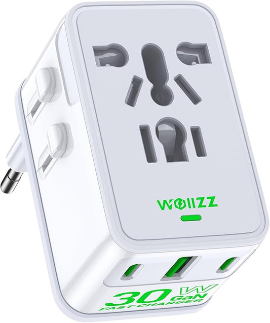 Travel Adapter, 30W GaN Fast Charging European Plug Adapter Worldwide Universal Charger with 4 Ports 1 AC, 1 USB-A, and 2 USB-C Ports Plug Adapter for USA European UK AUS Japan, White