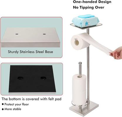 Toilet Paper Holder with Tray at The Top, Heavy-Weighted Stainless Steel Base No Wobbly, Freestanding Toilet Paper Rolls Stand, Hold Extra 3 Paper Rolls On The Base (Brushed Nickel)