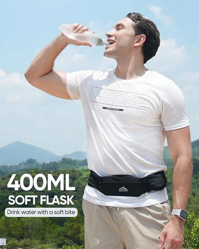 Zelvot Running Belt with 400ml Soft Flask, Adjustable Running Fanny Pack with Phone Holder and Gym Towel, WaterProof Belt Bag for Women Men for Jogging Hiking Marathon (Black, Small)