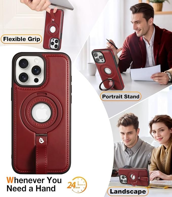 for iPhone 15 Plus/iPhone 14 Plus Leather Case with Stand, Anti-Slip Grip Ring, Fits for MagSafe (Burgundy, iPhone 15/14 Plus)
