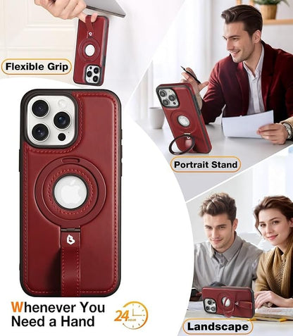for iPhone 15 Leather Case with Stand, Anti-Slip Grip Ring, Fits for MagSafe (Burgundy, iPhone 15)