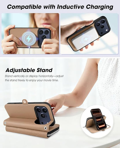 OCASE for iPhone 17 Pro Crossbody Detachable Wallet Case, PU Leather Handbag Phone Purse with Zipper Closure, Card Slots & RFID Blocking, Wrist Strap, Lanyard, Kickstand, Diamond Check Khaki