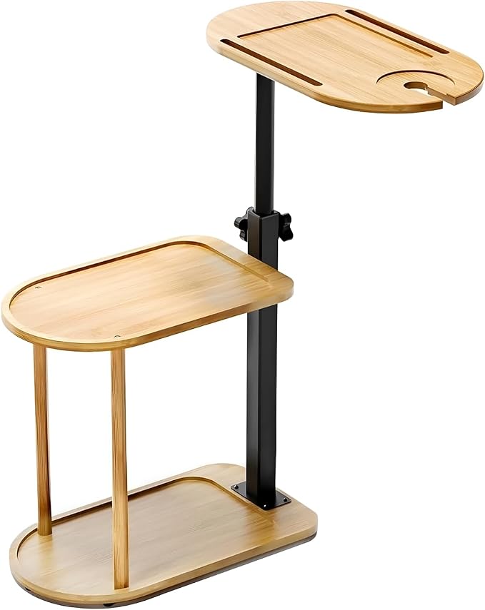 3 Layer Bamboo Bathtub Tray Table, Modern Design with 360 Swivel, Height Adjustable, Phone & Wine Glass Slots, Space-Saving for Bathroom, Bedroom, Kitchen