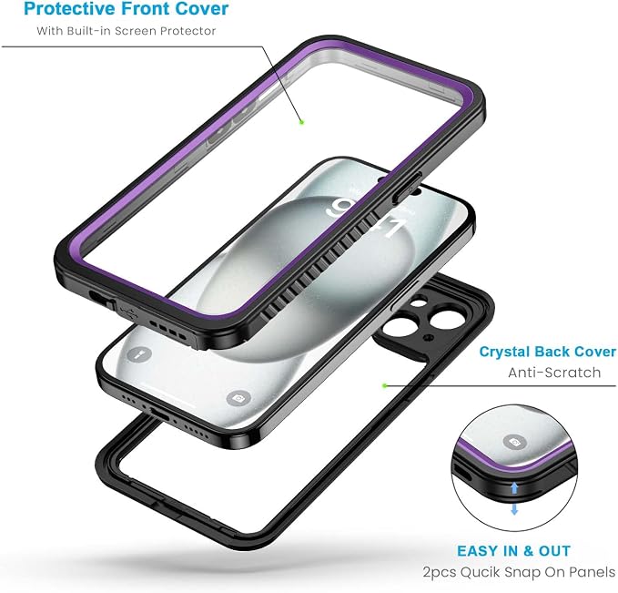Lanhiem for iPhone 15 Plus Case, IP68 Waterproof Dustproof Shockproof Cases with Built-in Screen Protector, 360 Full Body Protective Front and Back Cover for iPhone 15 Plus - 6.7 inch (Purple)