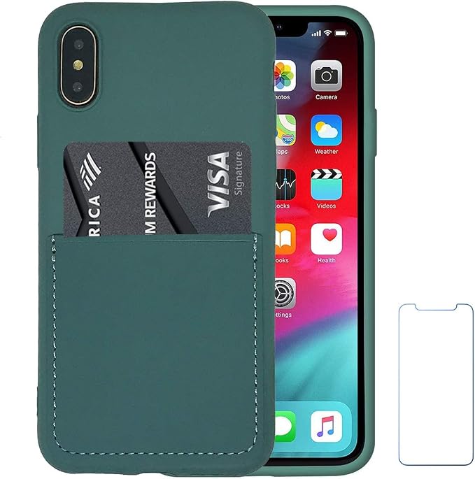 Ultra Slim Liquid Silicone Case Compatible for iPhone Xs/X 10(5.8 inch) with Card Holder Slot Ultra-Slim Thin Soft Wallet Cover Compatible for iPhone XS/X/10 with Screen Protector(Pine Green)
