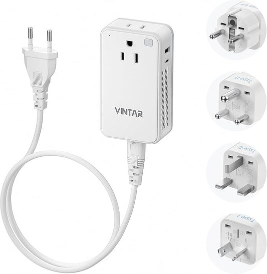 Mini 220V to 110V Converter for European Travel, VINTAR 200W Universal Travel Adapter Voltage Converter US to Europe, International Step Down Power Converter Adapter Combo for EU UK AUS India