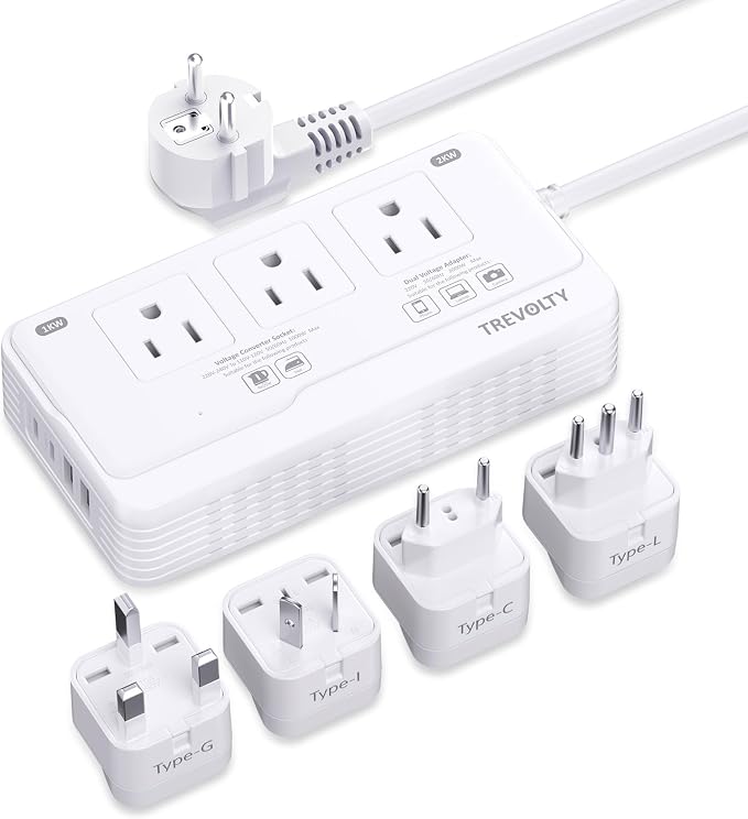 2000W Voltage Converter US to Europe, 220V to 110V Converter for European Travel with 3 AC 2 USBC 2 USBA Ports, European Travel Plug Adapter with Type C/G/I/L Power Plugs (White)