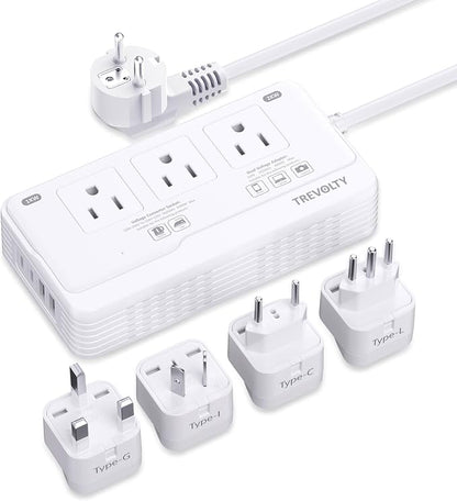 2000W Voltage Converter US to Europe, 220V to 110V Converter for European Travel with 3 AC 2 USBC 2 USBA Ports, European Travel Plug Adapter with Type C/G/I/L Power Plugs (White)